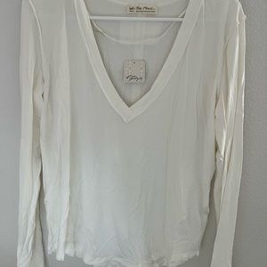 Free People Basic White V-Neck Long Sleeve Tee